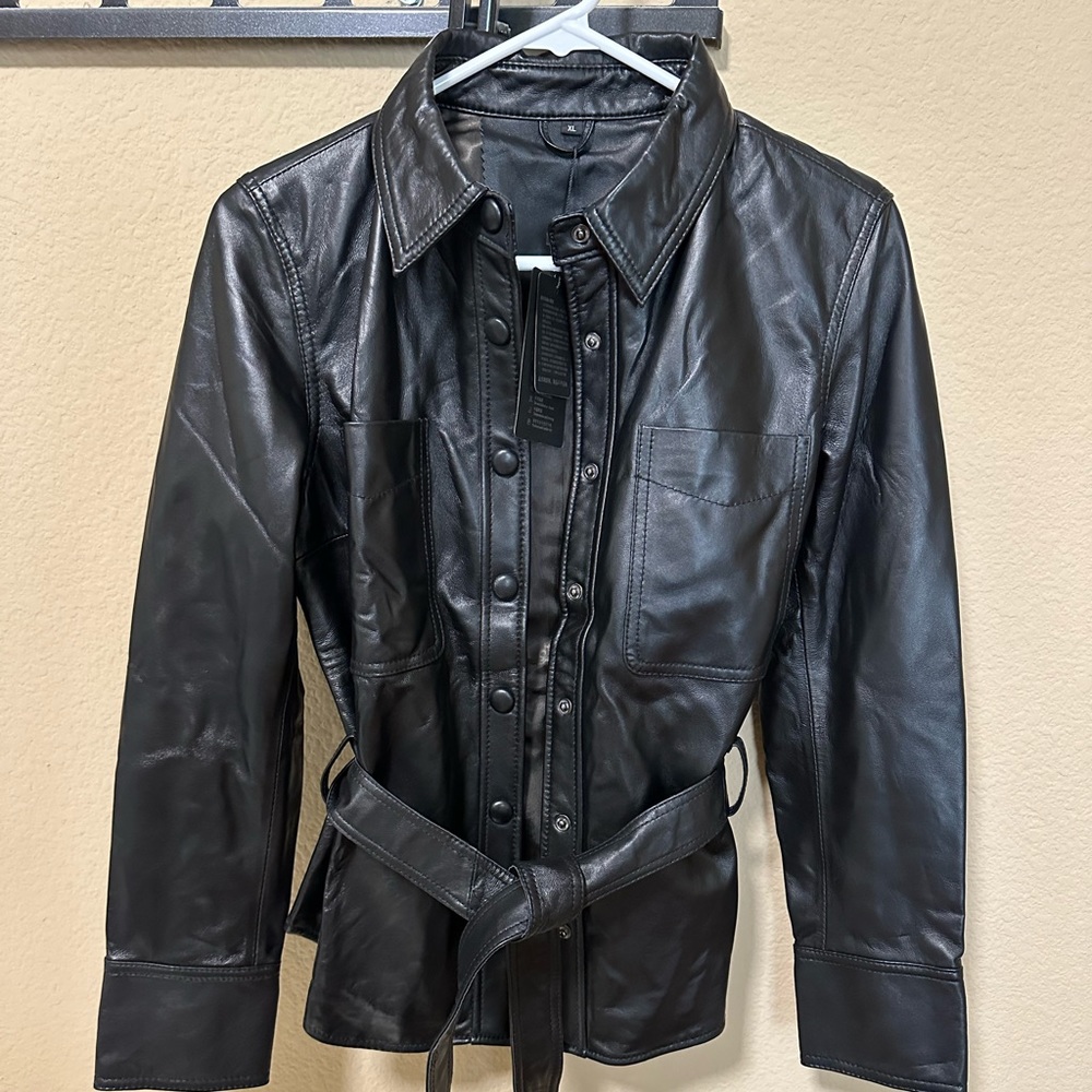 Black Leather shirt with belt , size feels like S